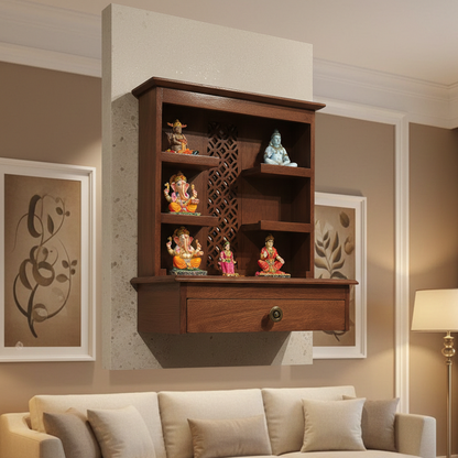 Wooden wall shelf with decorative items in a living room setting