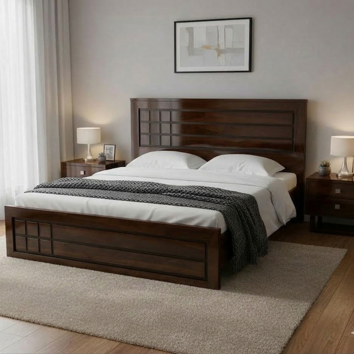 Wooden bed with white bedding in a bedroom setting