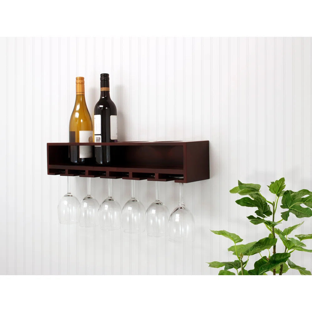 Wall-mounted wooden wine rack holding 6 glasses and 4 bottles, with a natural wood finish.
