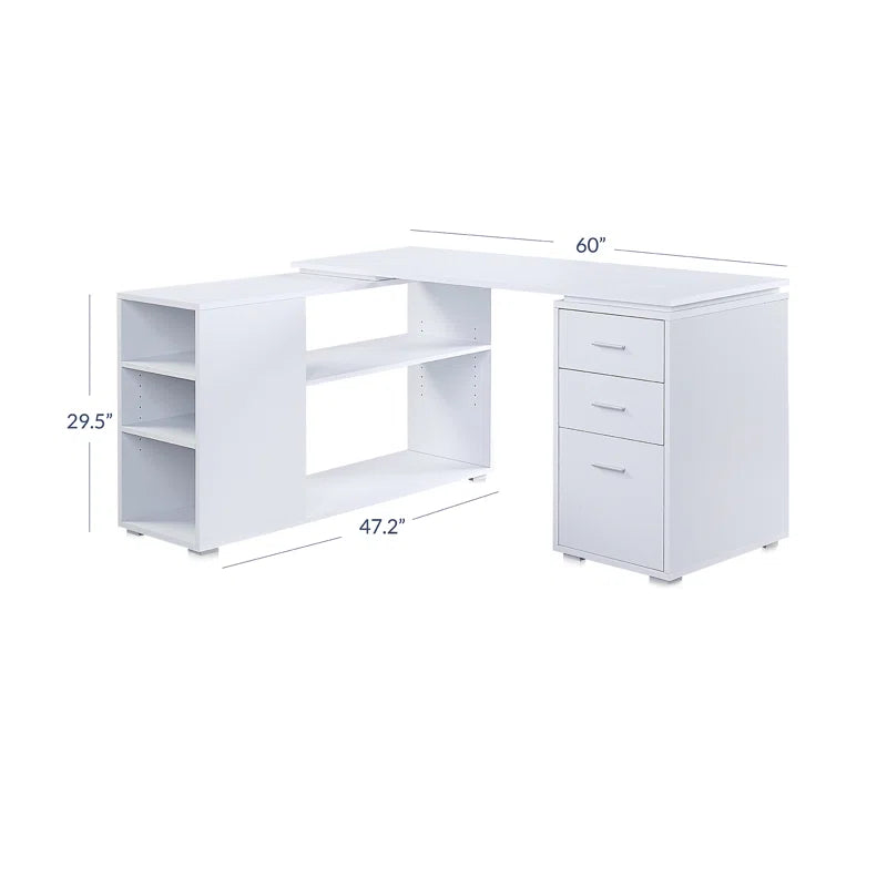 White L-shaped desk with dimensions on a white background