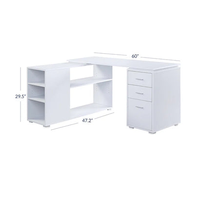 White L-shaped desk with dimensions on a white background