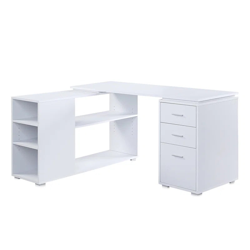 White L-shaped desk with shelves and drawers on a white background
