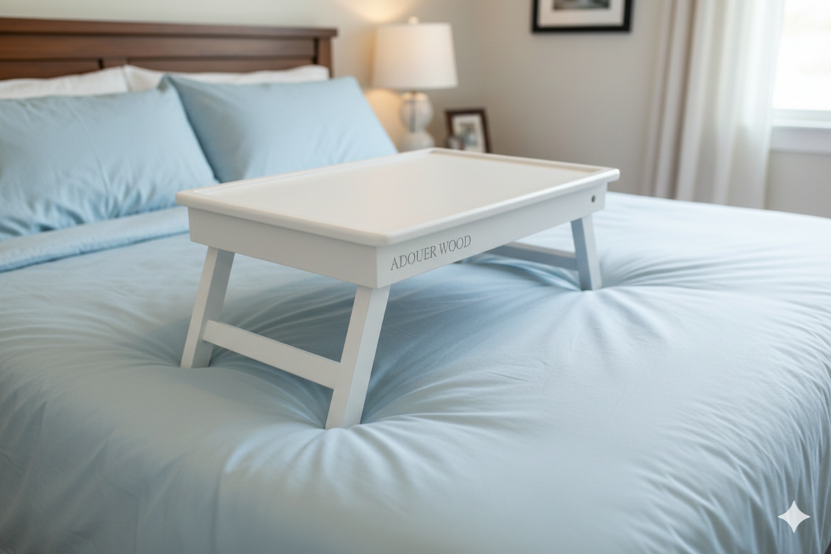 White adjustable bed tray on a blue bed in a bedroom setting
