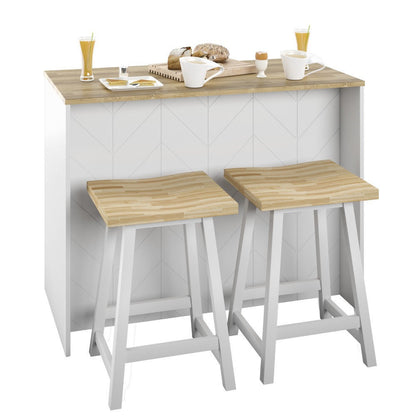 White bar with wooden top and two stools on a white background