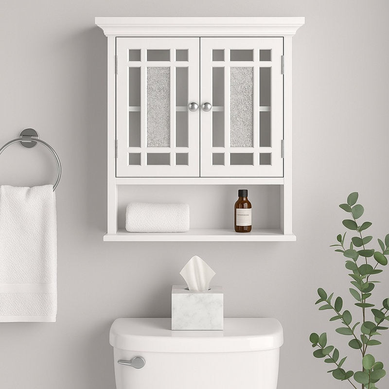 White bathroom cabinet above a toilet with toiletries on a gray wall.