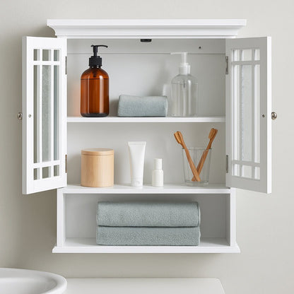 White bathroom cabinet with open doors displaying various toiletries on a light gray wall.
