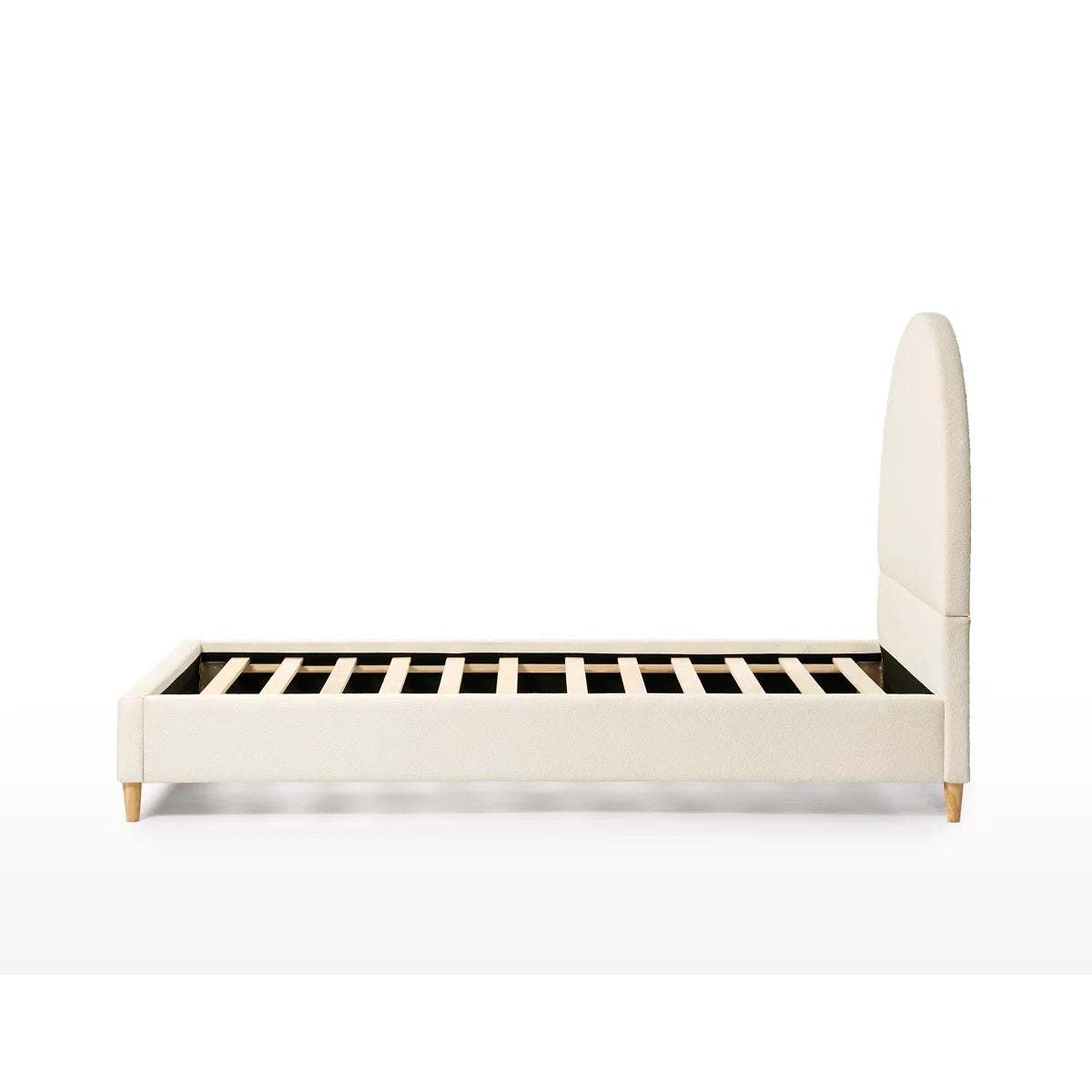 White bed frame with headboard on a white background