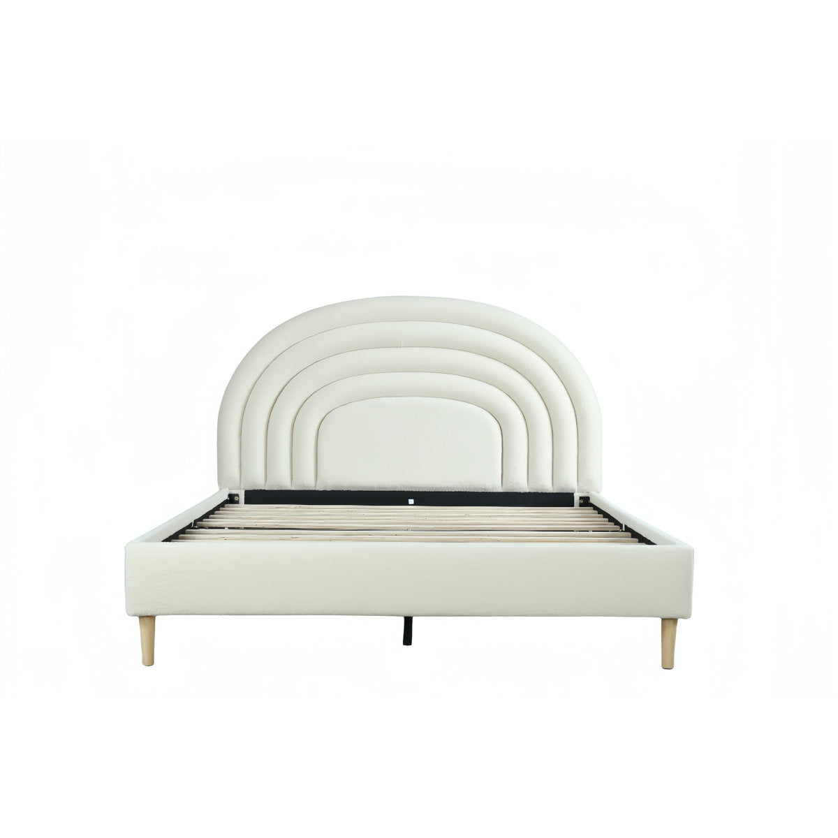 White bed with arch-shaped headboard on a white background