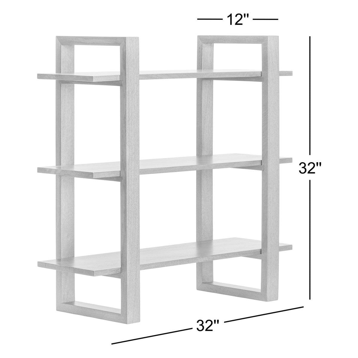 White bookshelf with dimensions labeled on a white background