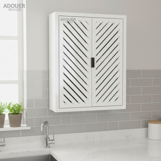 White cabinet with geometric design on a kitchen wall, featuring the ADOUER WOOD  brand.