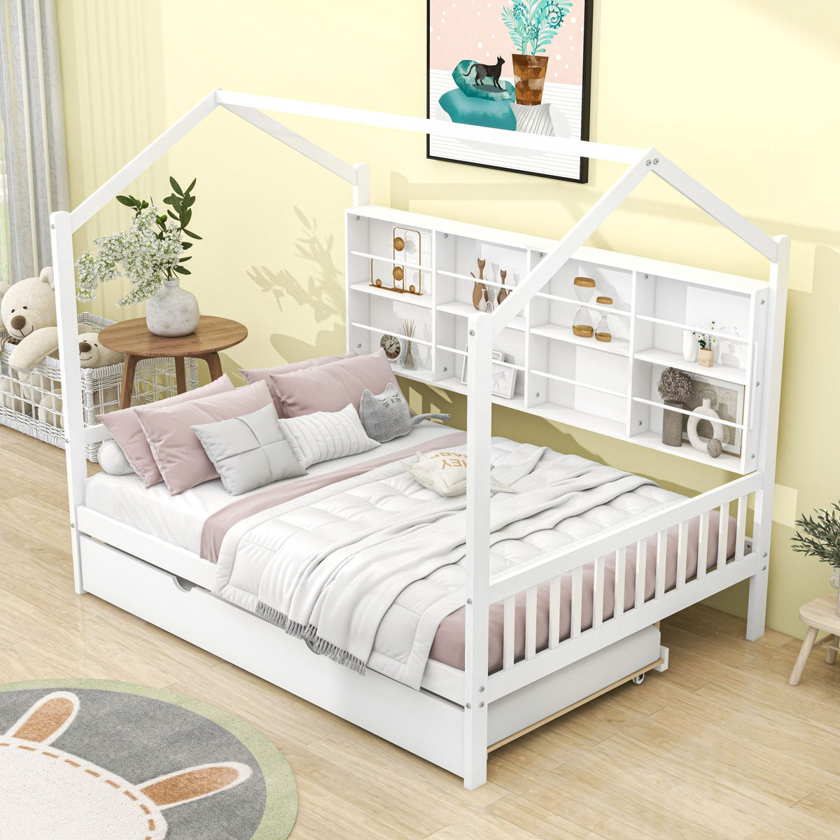 White children's bed with a bookshelf headboard in a room setting.