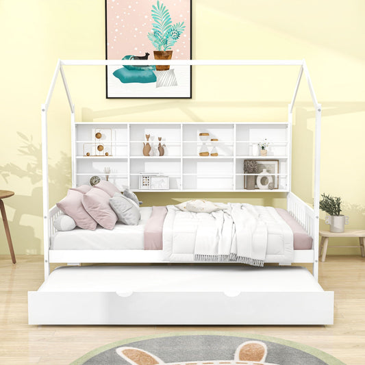 White children's bed with a shelf in a room with a yellow wall and decor.