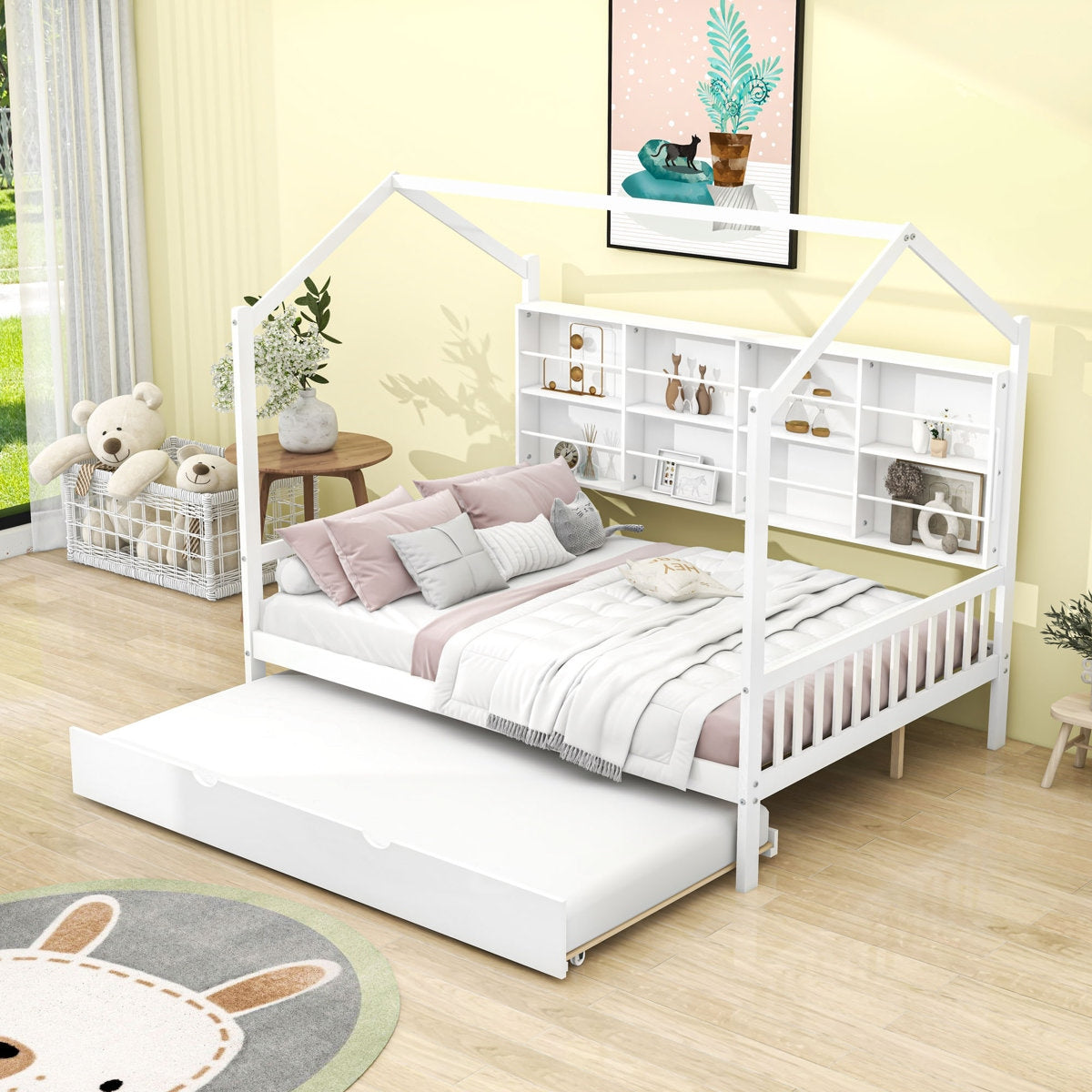 White children's bed with house design in a room with toys and decor.