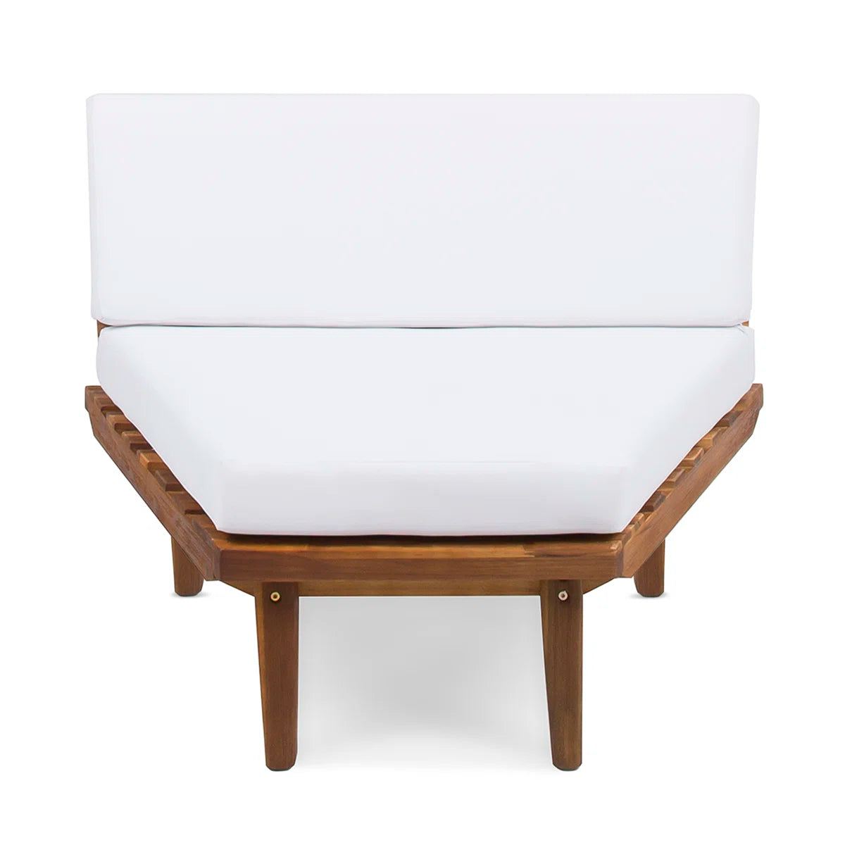 White cushioned chair with wooden frame on a white background