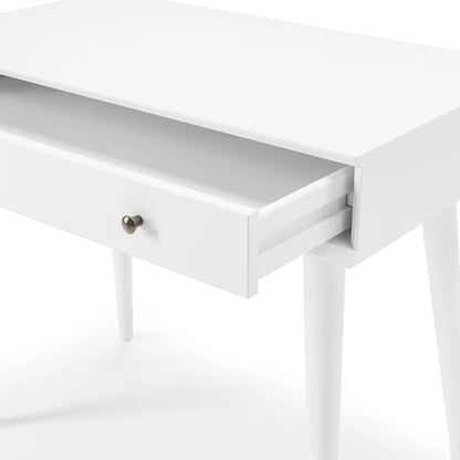 White desk with a drawer open on a plain background