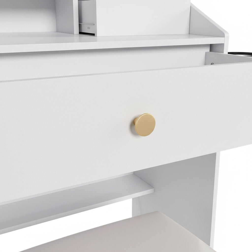 White desk with a gold drawer handle on a white background