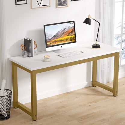 White desk with gold legs featuring a computer setup in a bright room.