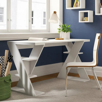 White dining table with a chair in a room with blue walls and a window.
