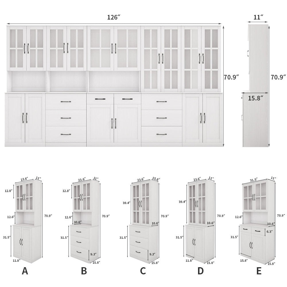 White kitchen cabinet set with dimensions on a white background