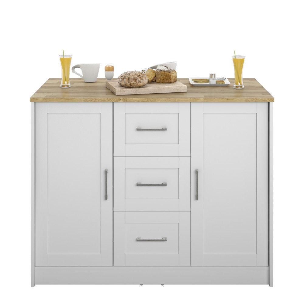White kitchen cabinet with wooden countertop on a white background