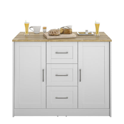 White kitchen cabinet with wooden countertop on a white background
