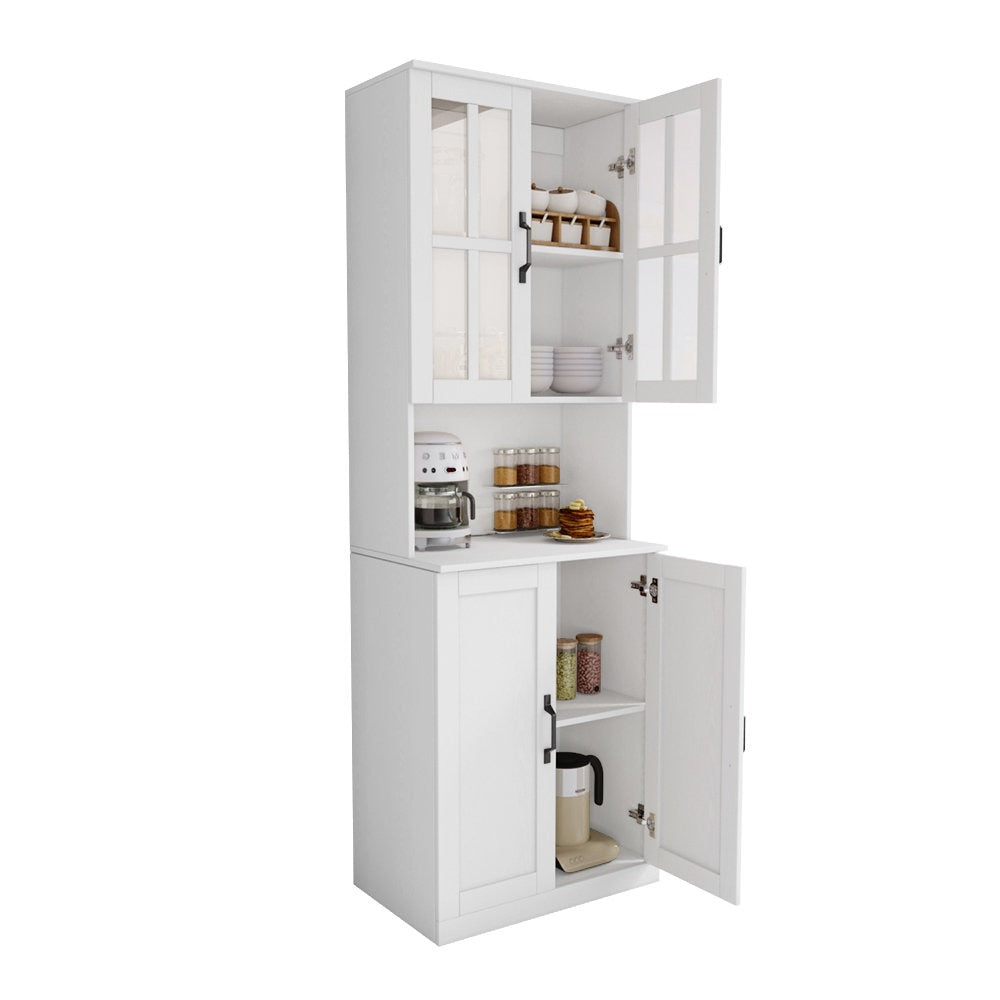 White kitchen pantry cabinet with open doors on a white background
