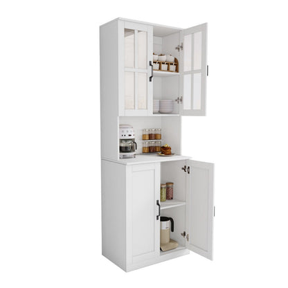 White kitchen pantry cabinet with open doors on a white background