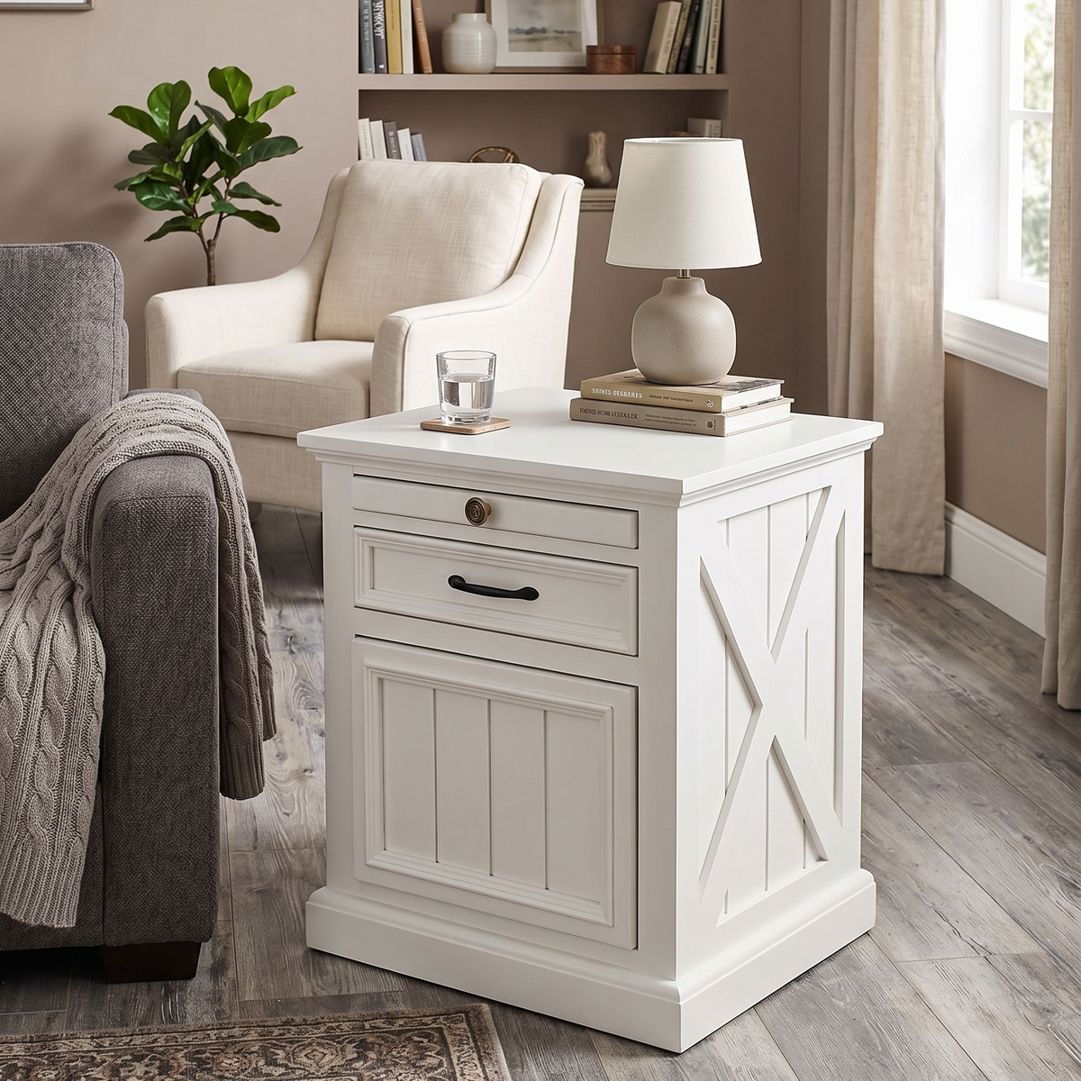 White nightstand with a lamp and glass in a cozy room with chairs and decor.