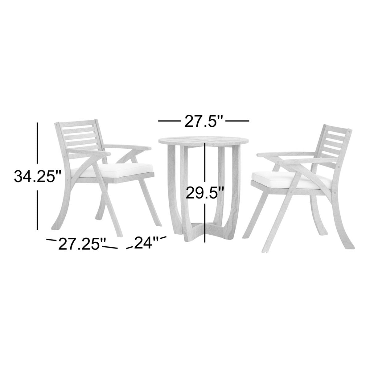 White outdoor furniture set with dimensions labeled on a white background