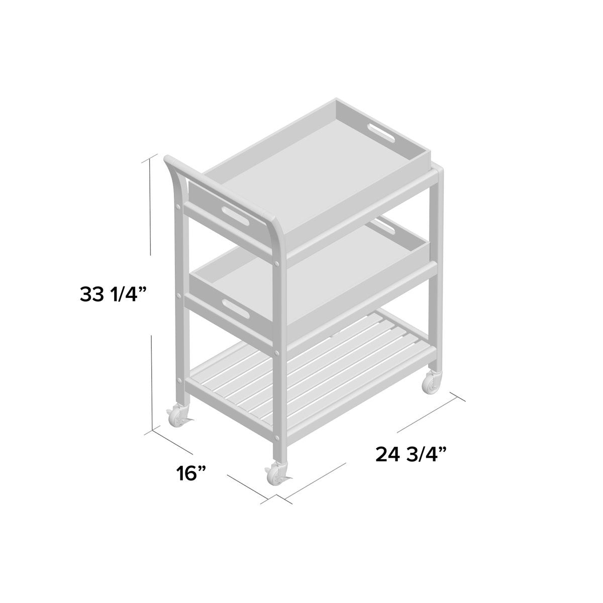 White rolling cart with dimensions labeled on a white background
