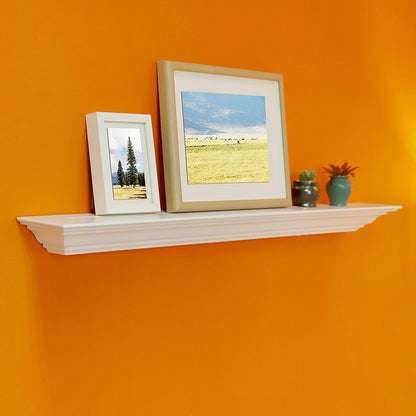 White shelf with framed pictures and small plants against an orange wall