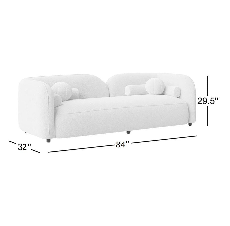 White sofa with dimensions labeled on a white background