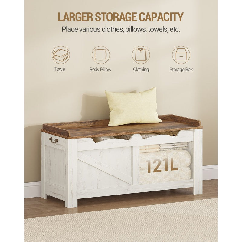 White storage bench with wooden top in a room setting, featuring text about larger storage capacity.