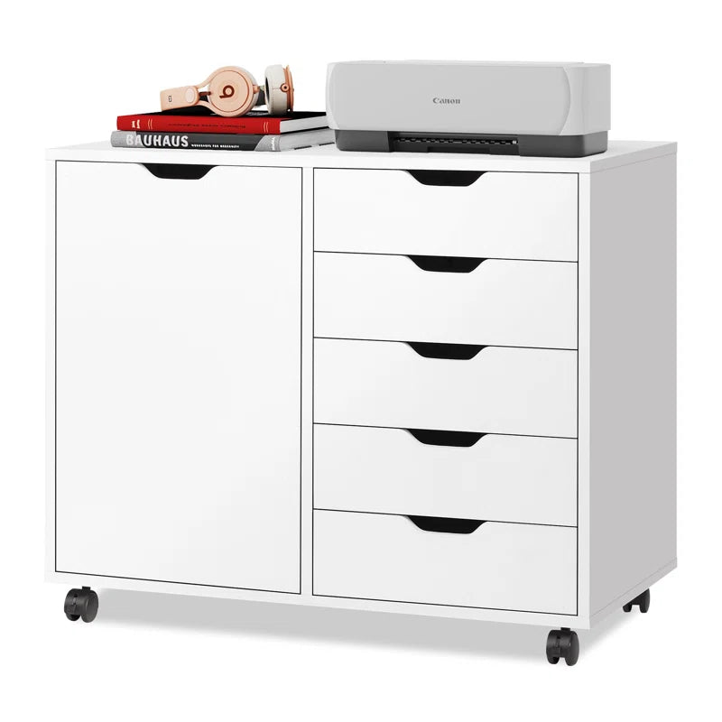 White storage cabinet with drawers and a printer on top against a white background