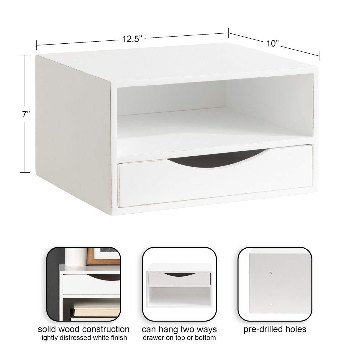 White storage cube with dimensions and features on a white background