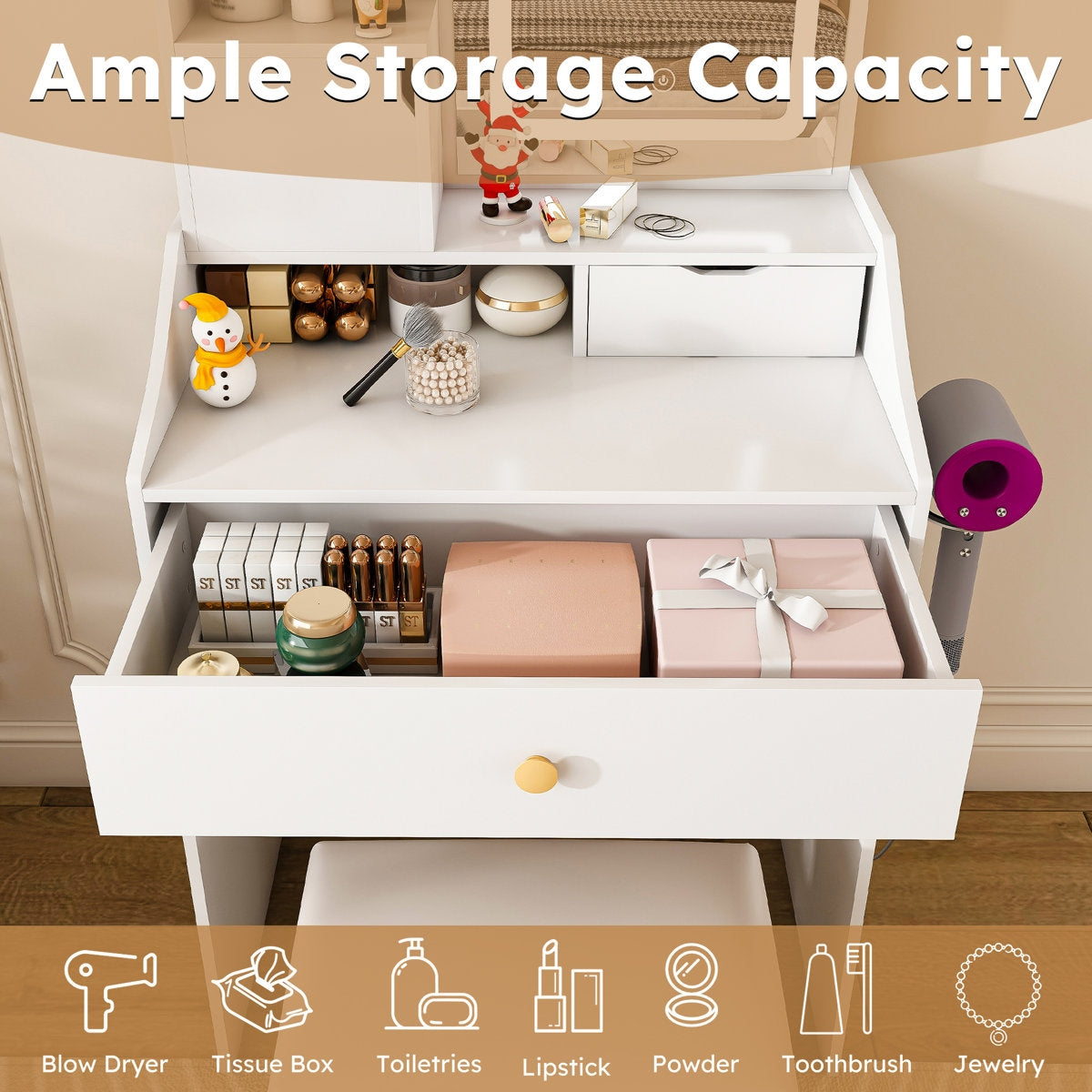 White storage unit with open drawers containing various items, labeled 'Ample Storage Capacity'.