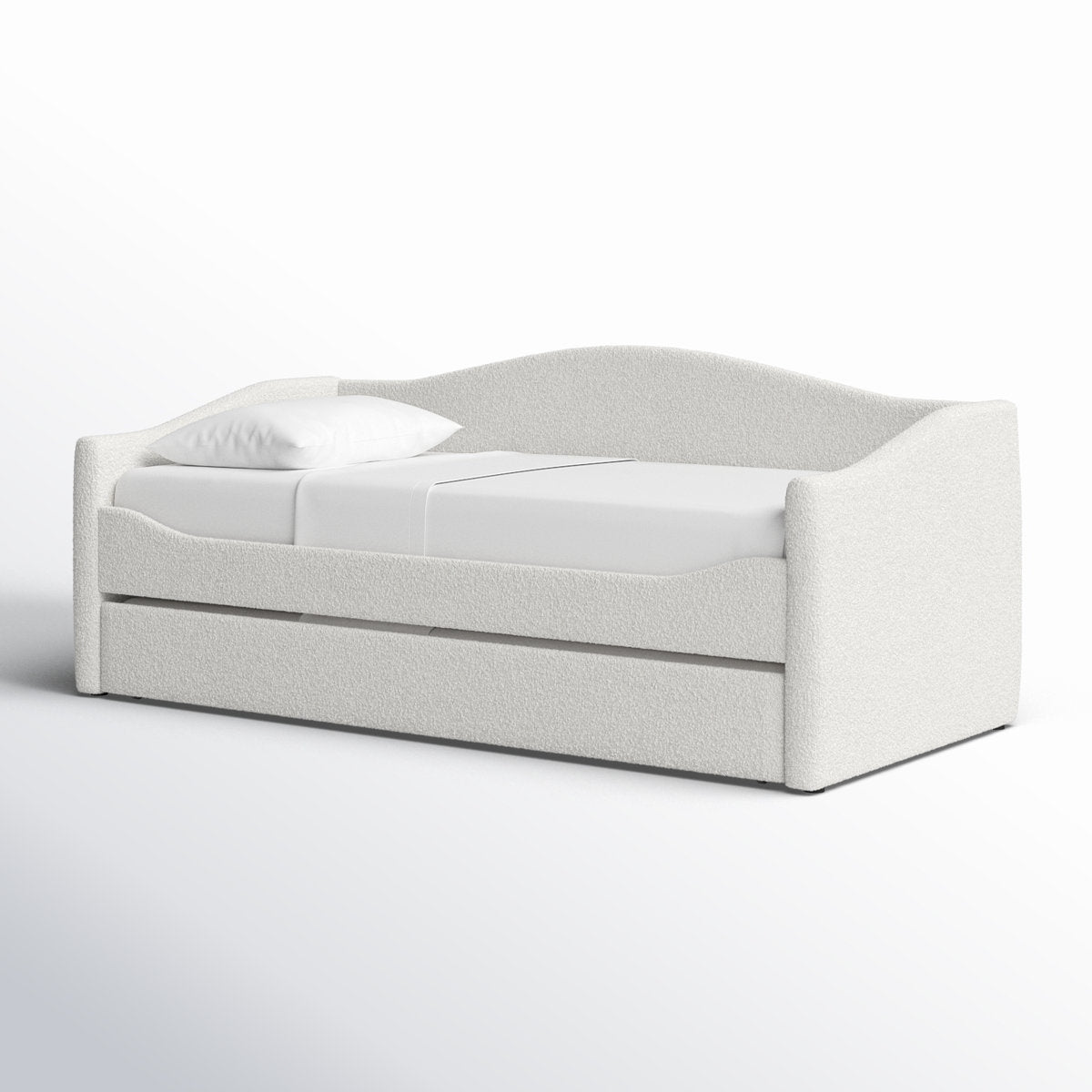 White upholstered bed with a pillow on a white background