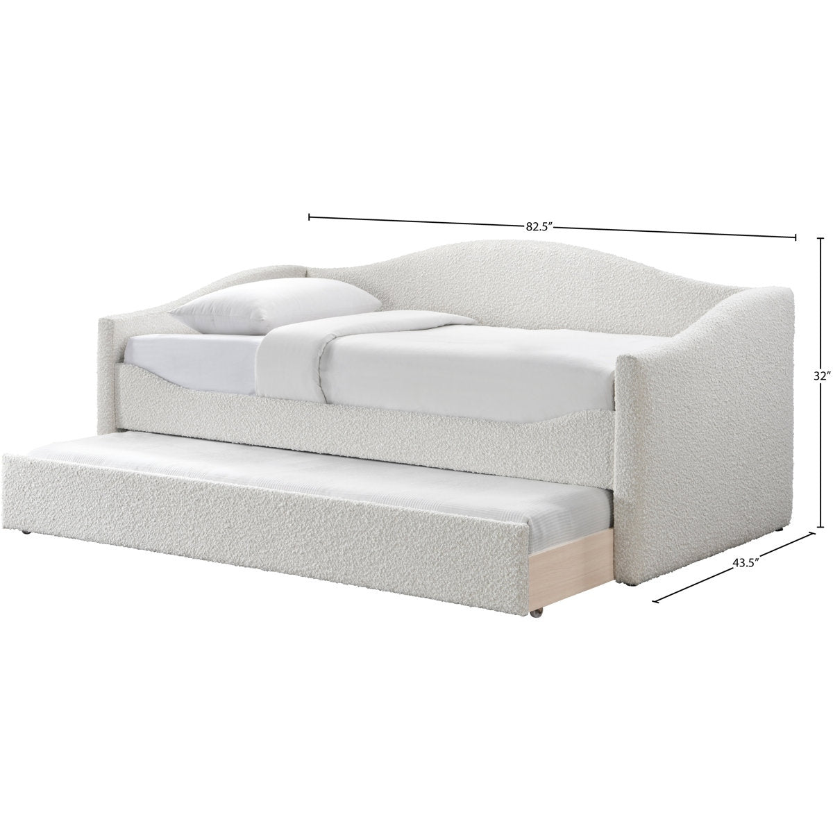 White upholstered bed with trundle and dimensions on a white background