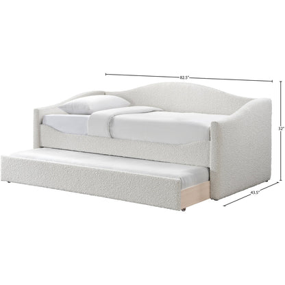 White upholstered bed with trundle and dimensions on a white background