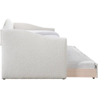 White upholstered bed with wooden frame on a white background