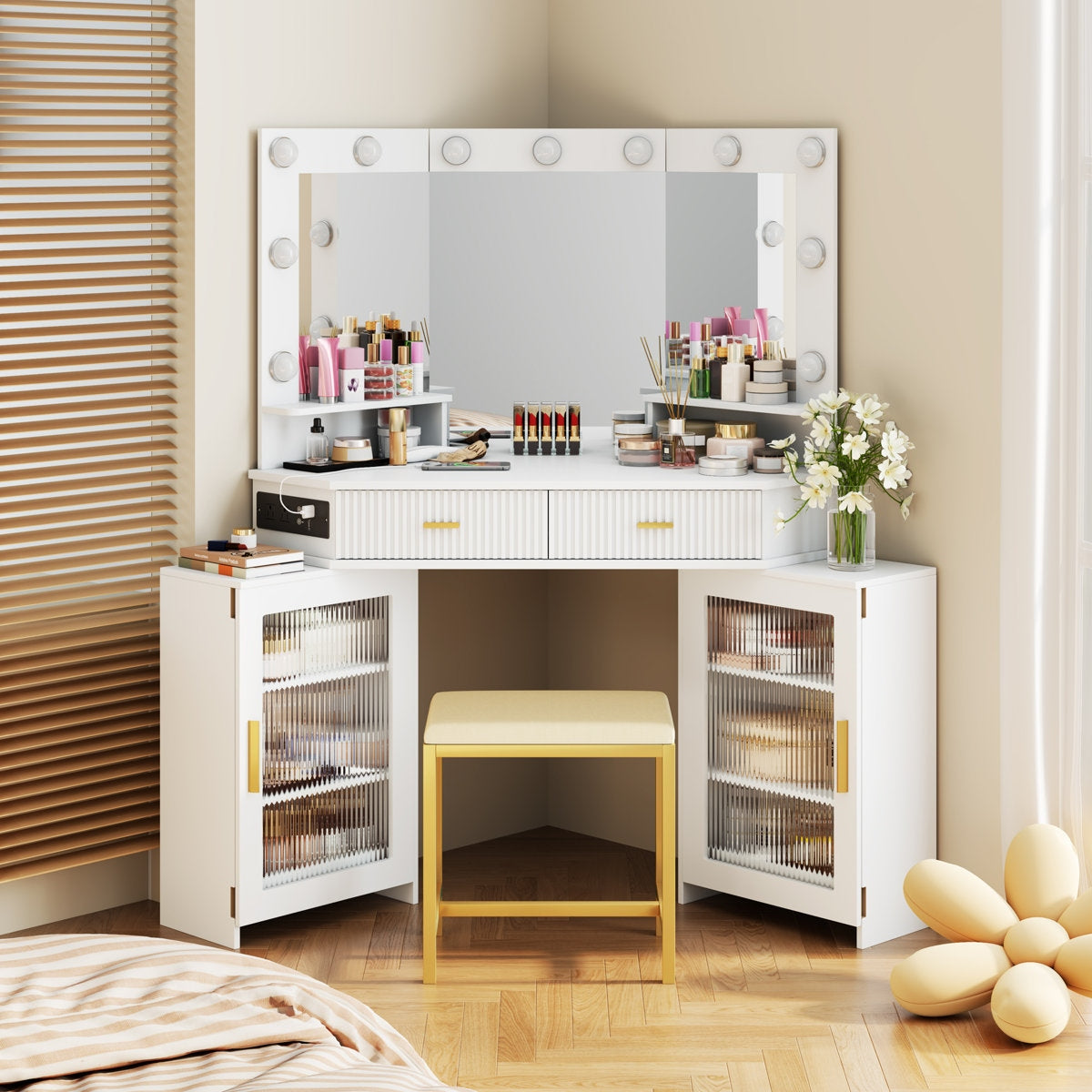 White vanity desk with mirror and makeup items in a room setting