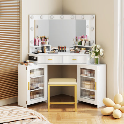 White vanity desk with mirror and makeup items in a room setting