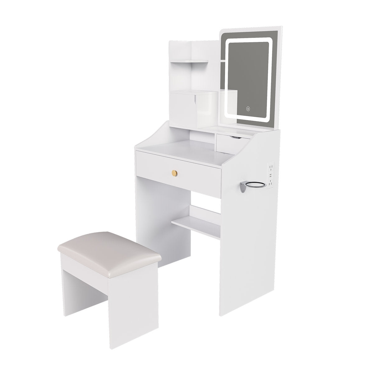 White vanity desk with mirror and stool on a white background