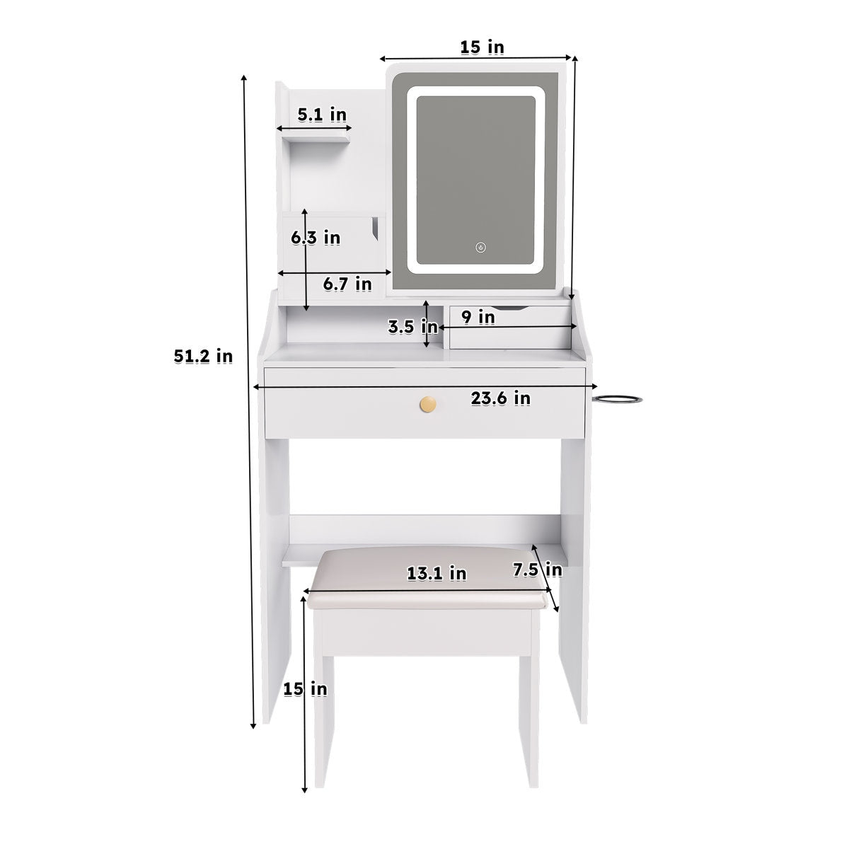 White vanity table with mirror and dimensions labeled on a white background