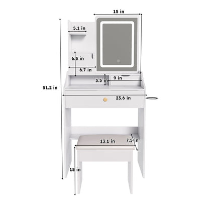 White vanity table with mirror and dimensions labeled on a white background