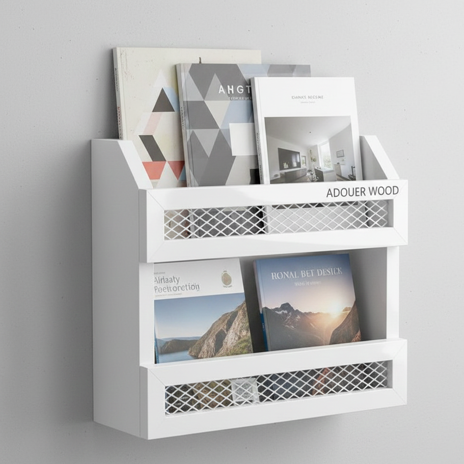White wall-mounted magazine rack with books and magazines on a gray background