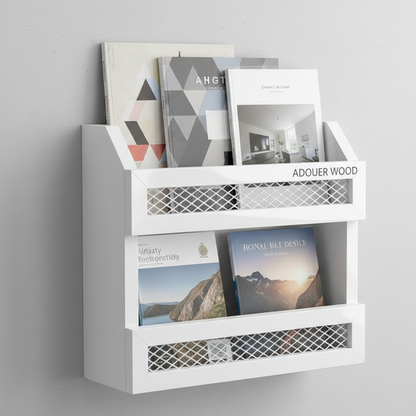 White wall-mounted magazine rack with books and magazines on a gray background