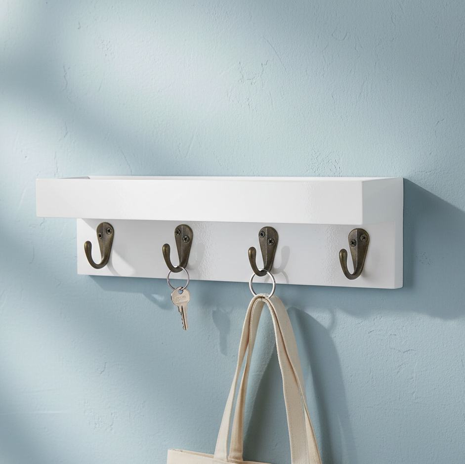 White wall-mounted rack with four hooks holding a bag and keys against a light blue wall.