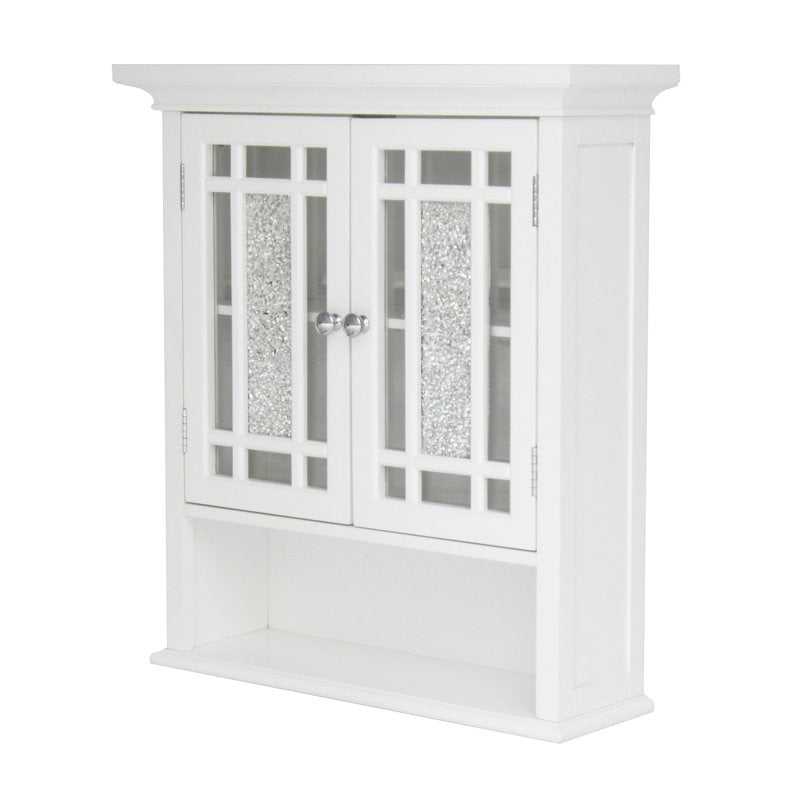 White wall cabinet with decorative glass doors on a white background