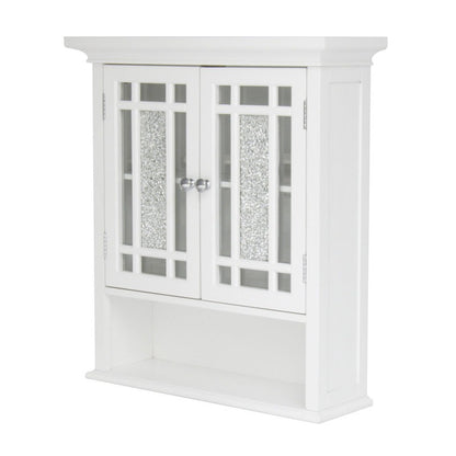 White wall cabinet with decorative glass doors on a white background